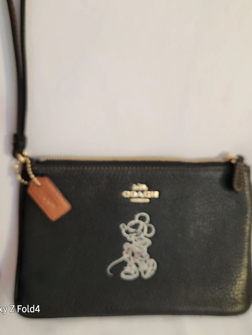 Coach Black Leather Minnie Mouse Wristlet with Gold Hardware